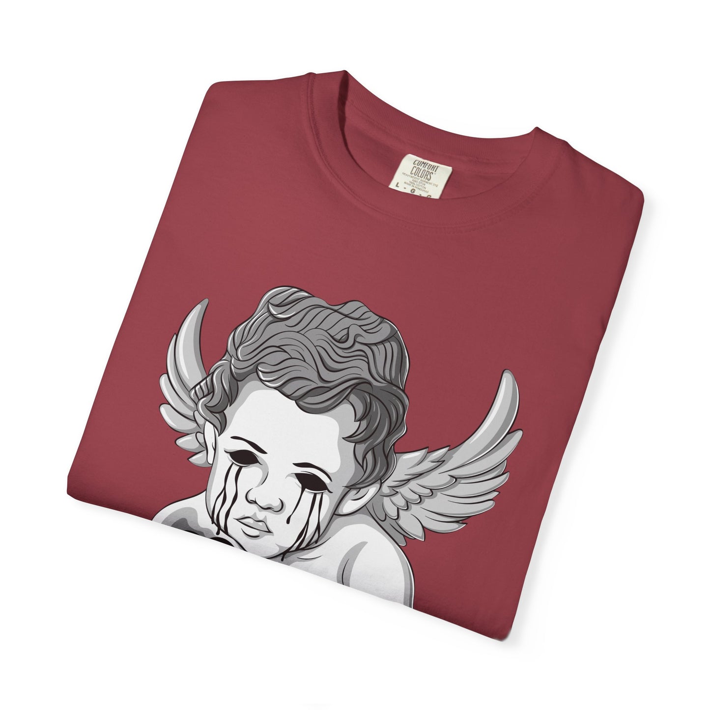 Crying Cherub Holding Black Heart T-shirt | Angel Wings Illustration