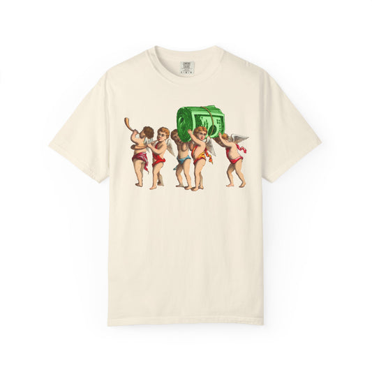 Vintage Cherubs Carrying Money Stack T-Shirt | Retro Angel Illustration