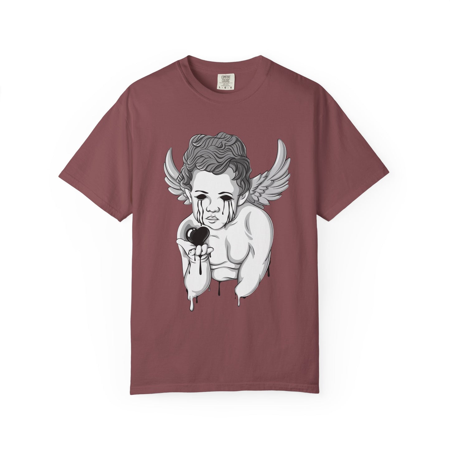 Crying Cherub Holding Black Heart T-shirt | Angel Wings Illustration