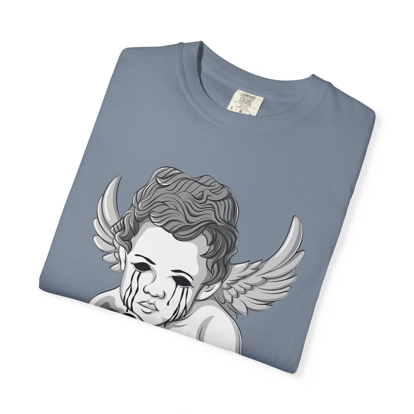Crying Cherub Holding Black Heart T-shirt | Angel Wings Illustration