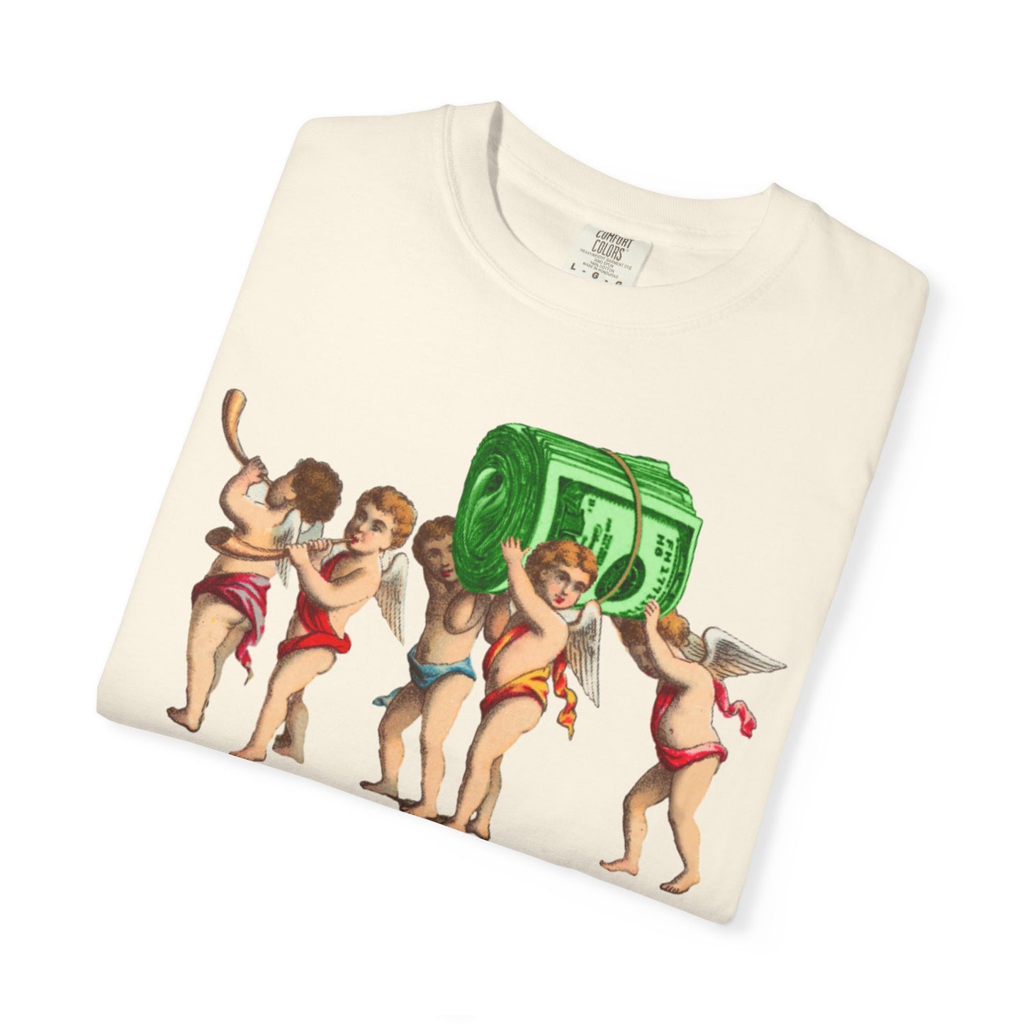 Vintage Cherubs Carrying Money Stack T-Shirt | Retro Angel Illustration