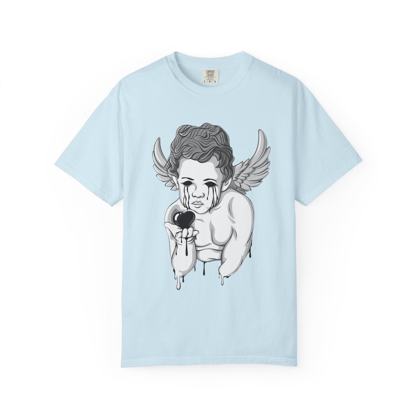 Crying Cherub Holding Black Heart T-shirt | Angel Wings Illustration