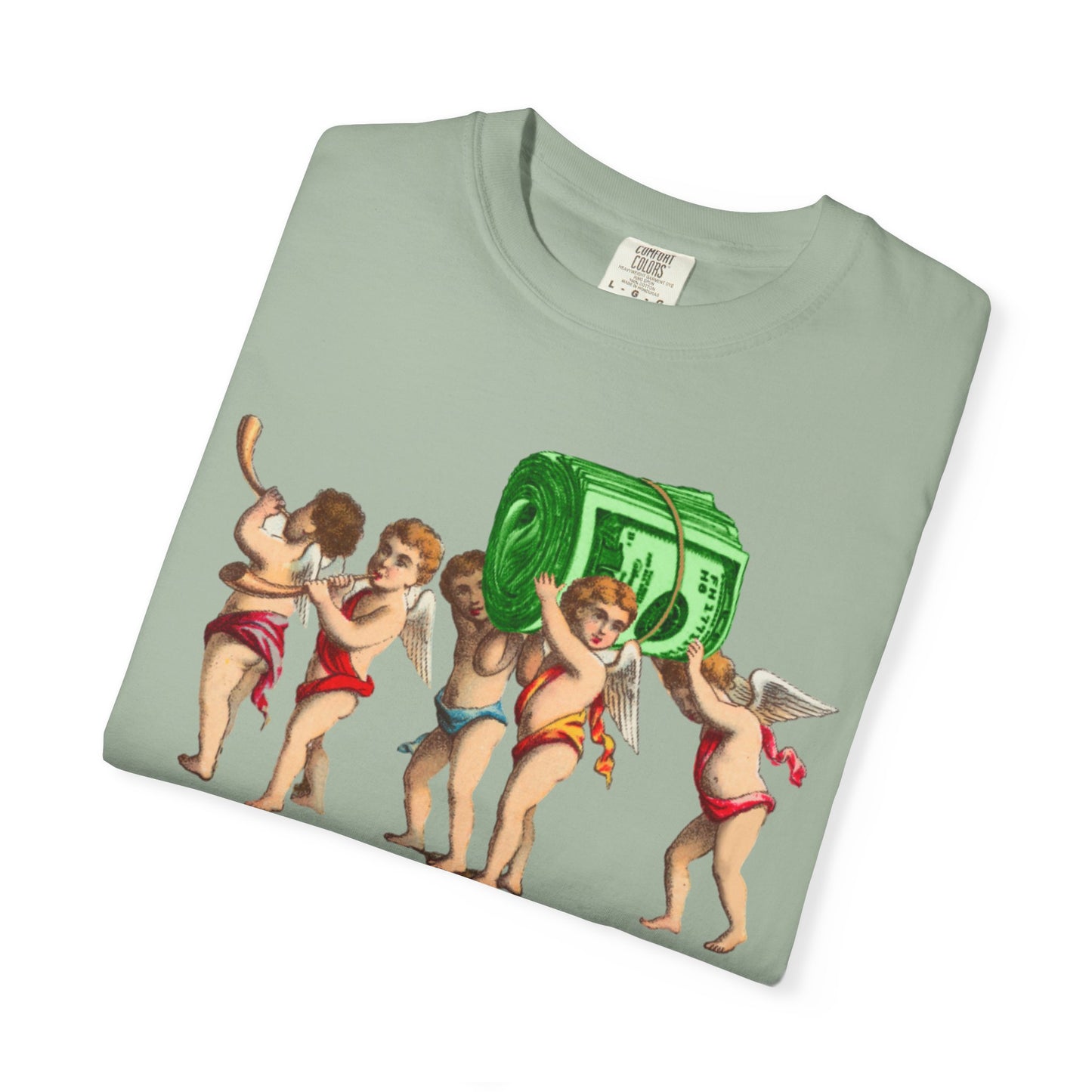 Vintage Cherubs Carrying Money Stack T-Shirt | Retro Angel Illustration