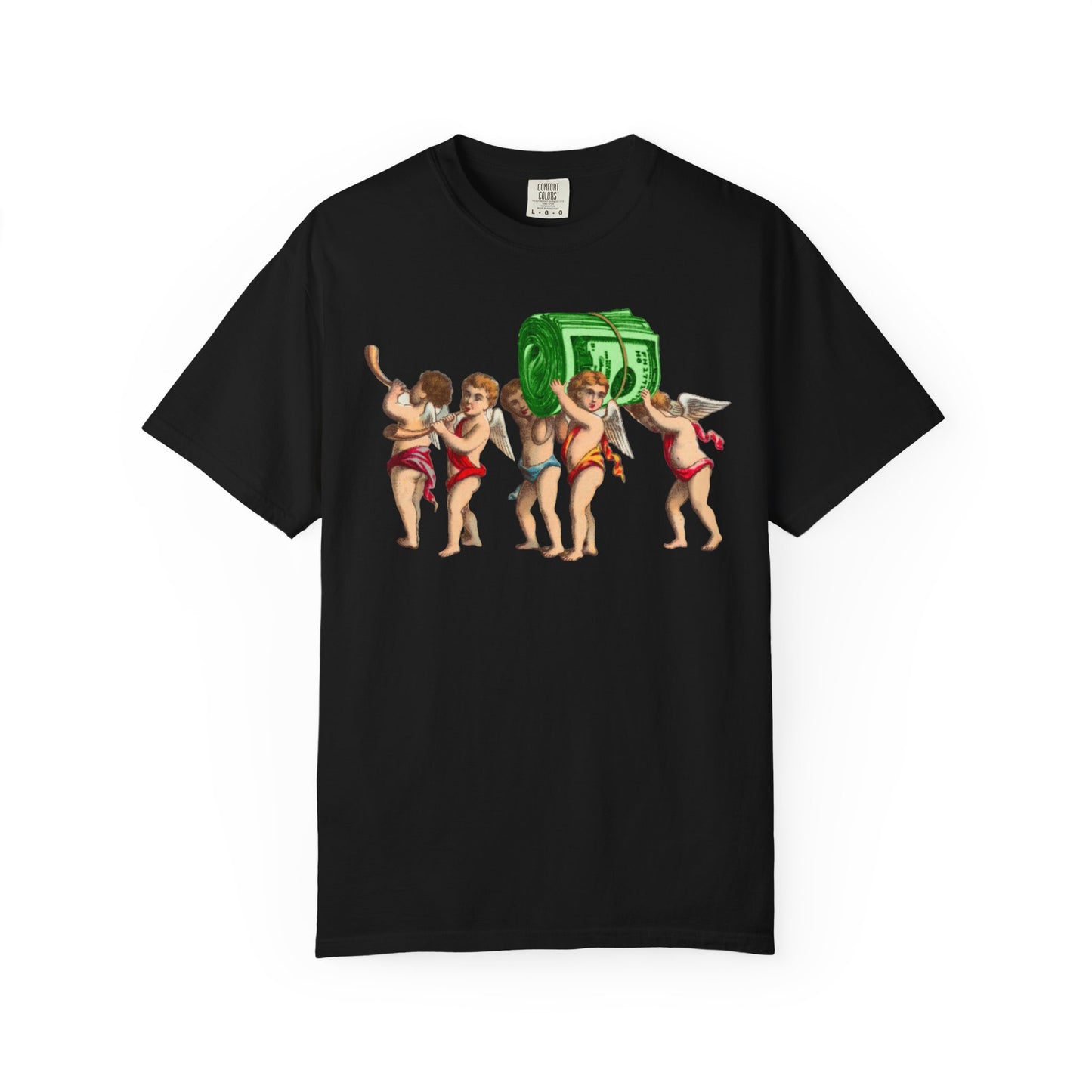 Vintage Cherubs Carrying Money Stack T-Shirt | Retro Angel Illustration