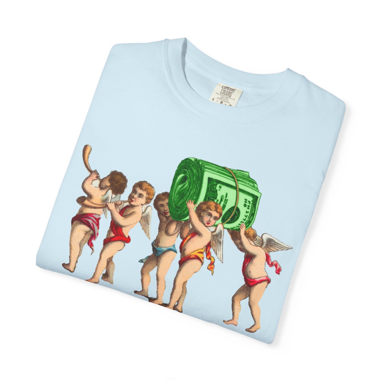 Vintage Cherubs Carrying Money Stack T-Shirt | Retro Angel Illustration