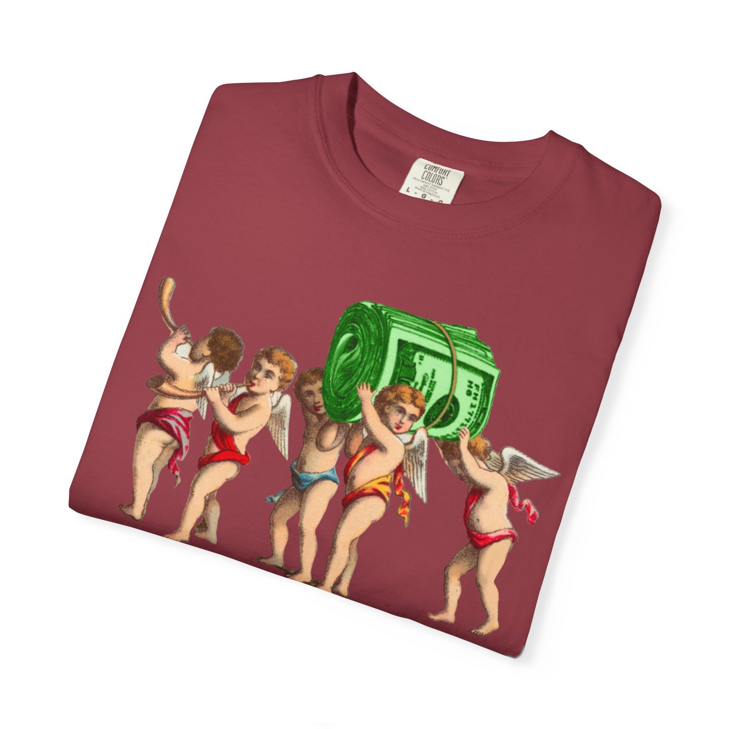 Vintage Cherubs Carrying Money Stack T-Shirt | Retro Angel Illustration