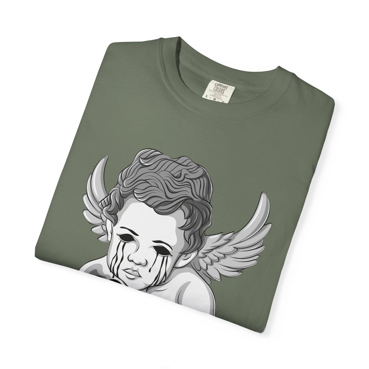 Crying Cherub Holding Black Heart T-shirt | Angel Wings Illustration