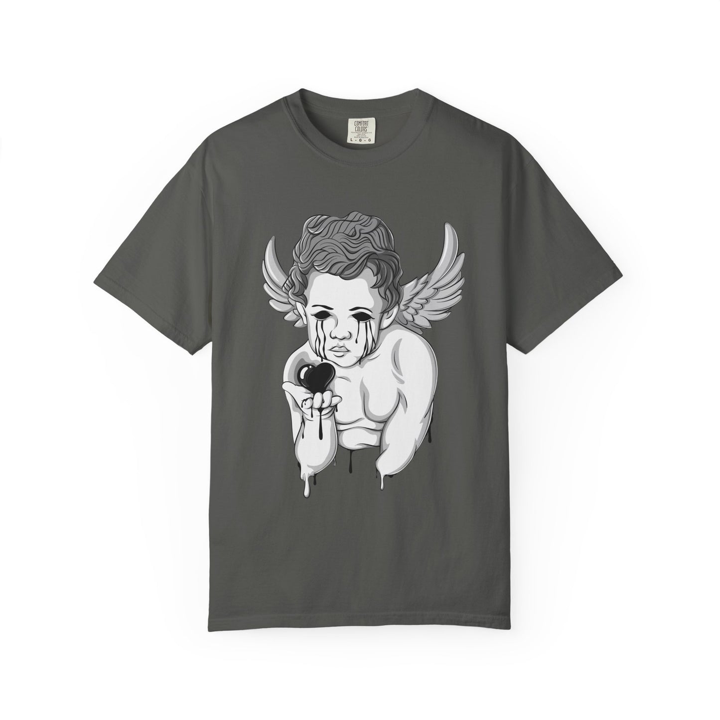 Crying Cherub Holding Black Heart T-shirt | Angel Wings Illustration