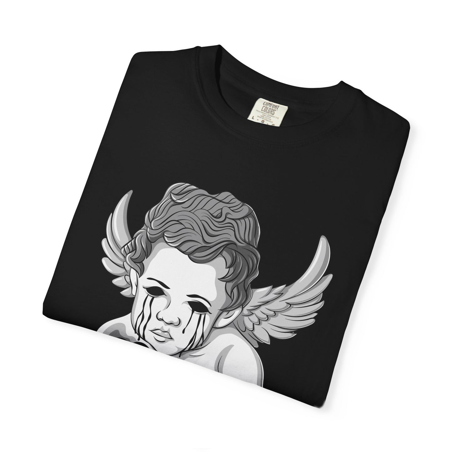 Crying Cherub Holding Black Heart T-shirt | Angel Wings Illustration