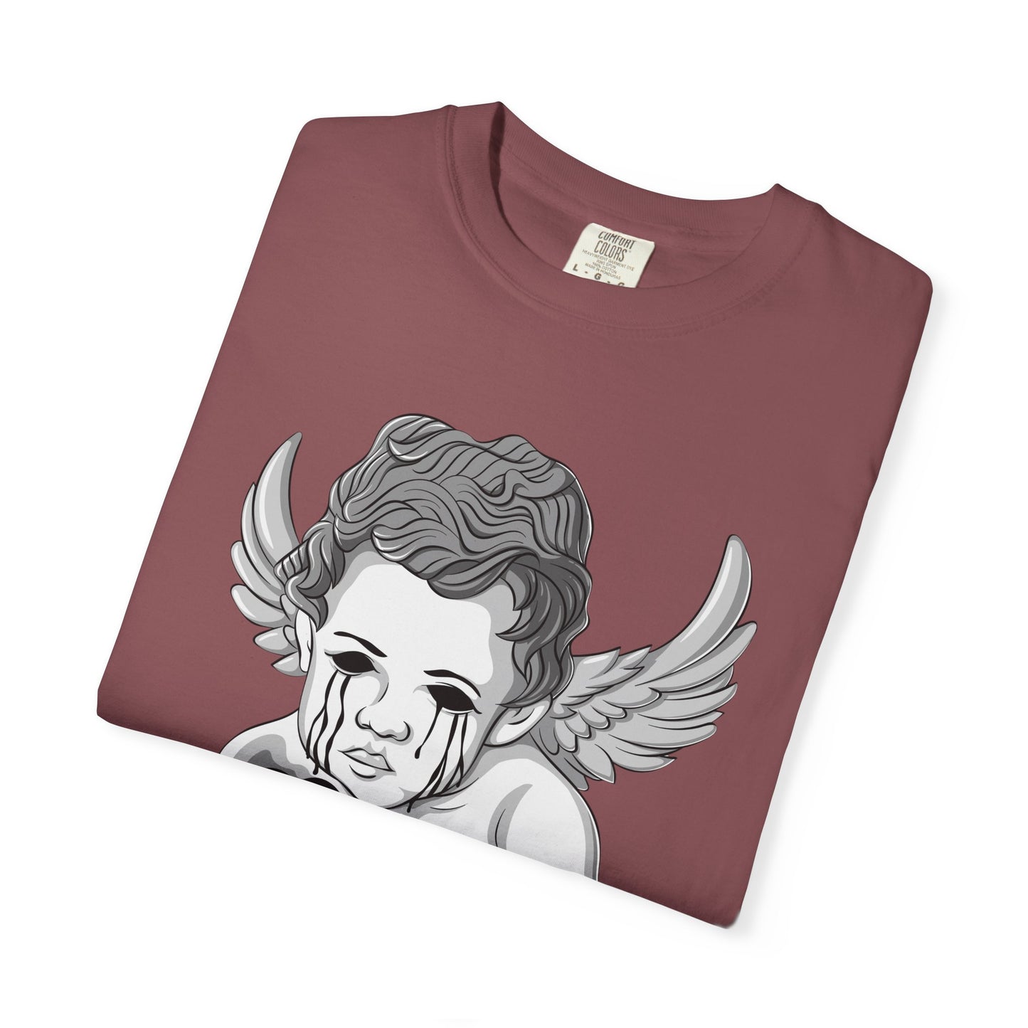 Crying Cherub Holding Black Heart T-shirt | Angel Wings Illustration