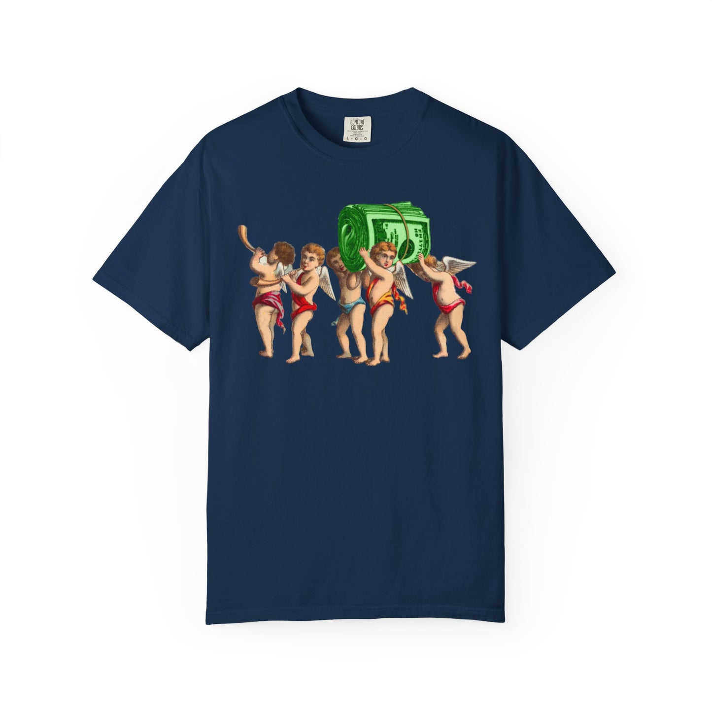 Vintage Cherubs Carrying Money Stack T-Shirt | Retro Angel Illustration