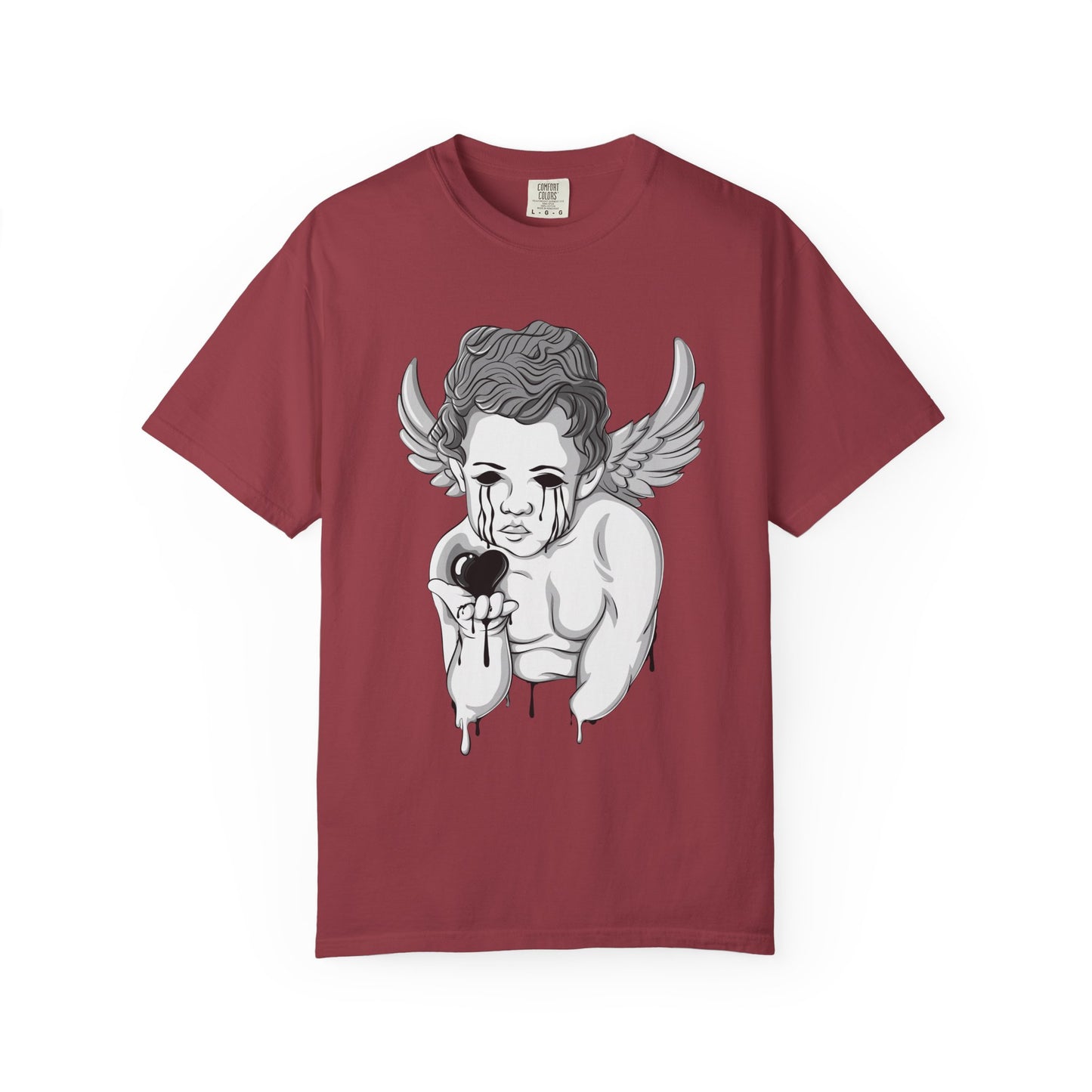 Crying Cherub Holding Black Heart T-shirt | Angel Wings Illustration