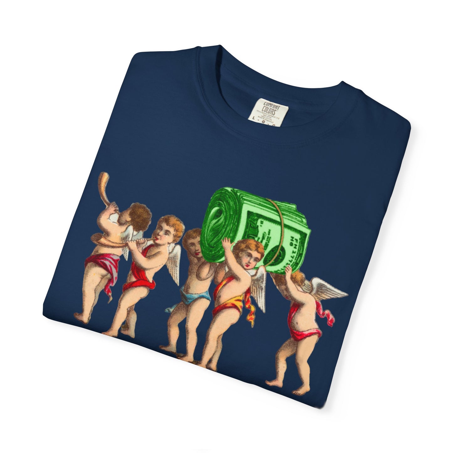 Vintage Cherubs Carrying Money Stack T-Shirt | Retro Angel Illustration