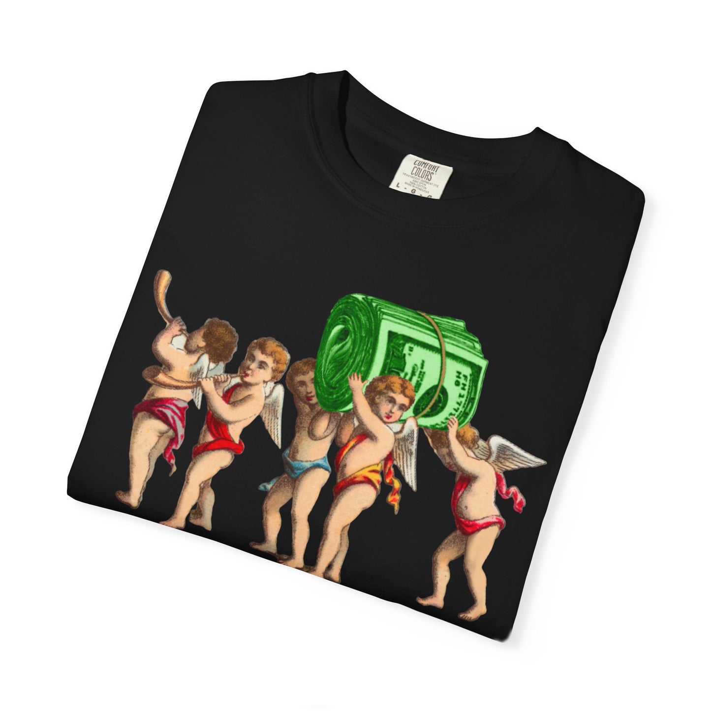 Vintage Cherubs Carrying Money Stack T-Shirt | Retro Angel Illustration
