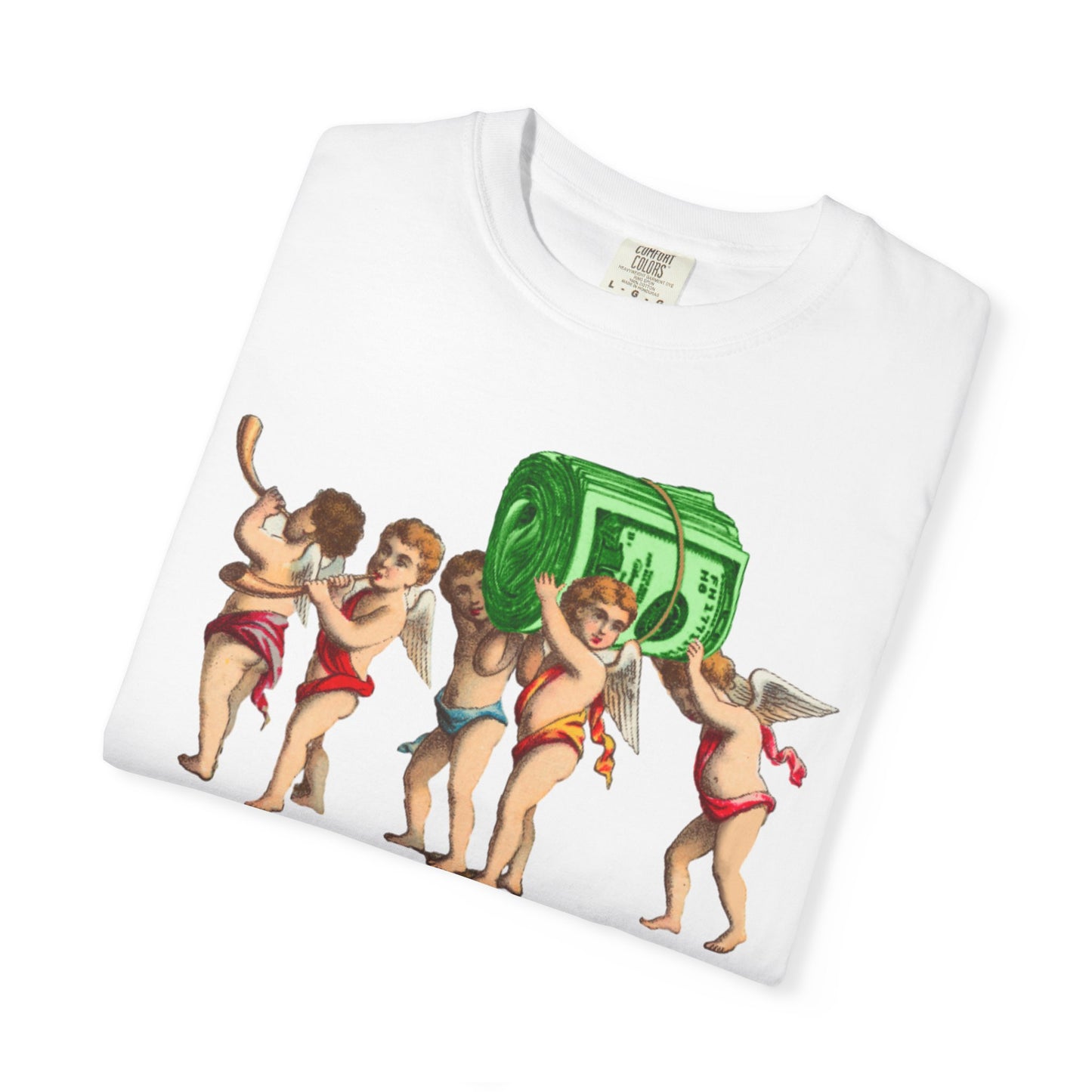 Vintage Cherubs Carrying Money Stack T-Shirt | Retro Angel Illustration