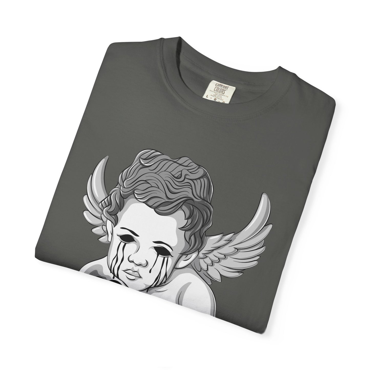 Crying Cherub Holding Black Heart T-shirt | Angel Wings Illustration