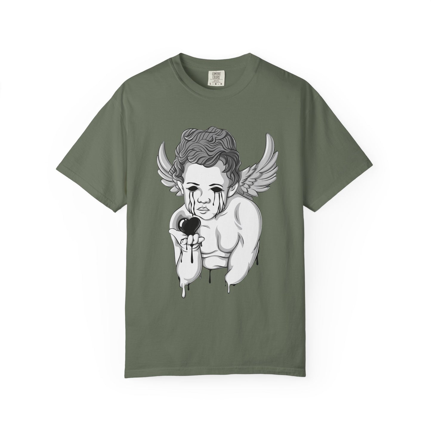 Crying Cherub Holding Black Heart T-shirt | Angel Wings Illustration