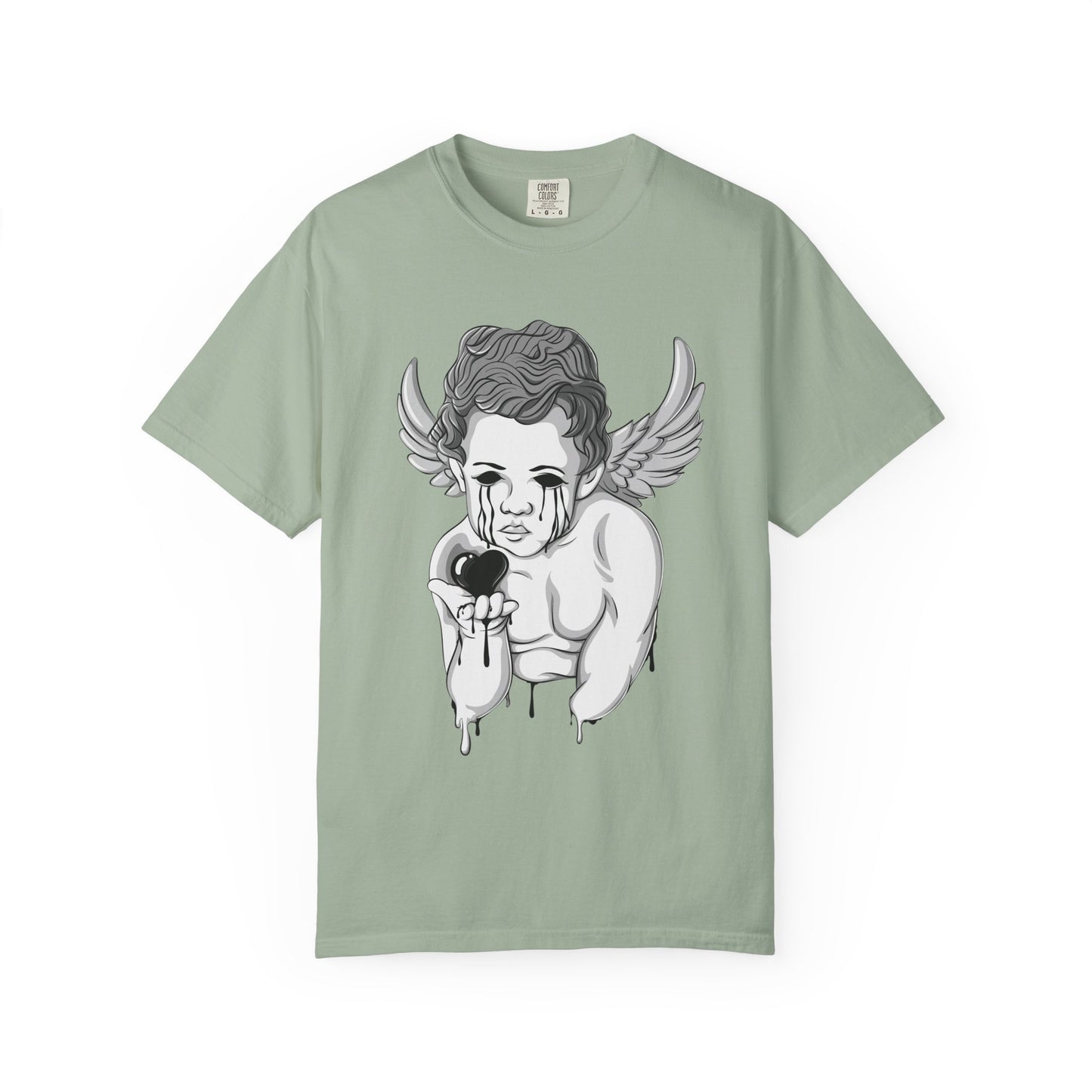 Crying Cherub Holding Black Heart T-shirt | Angel Wings Illustration