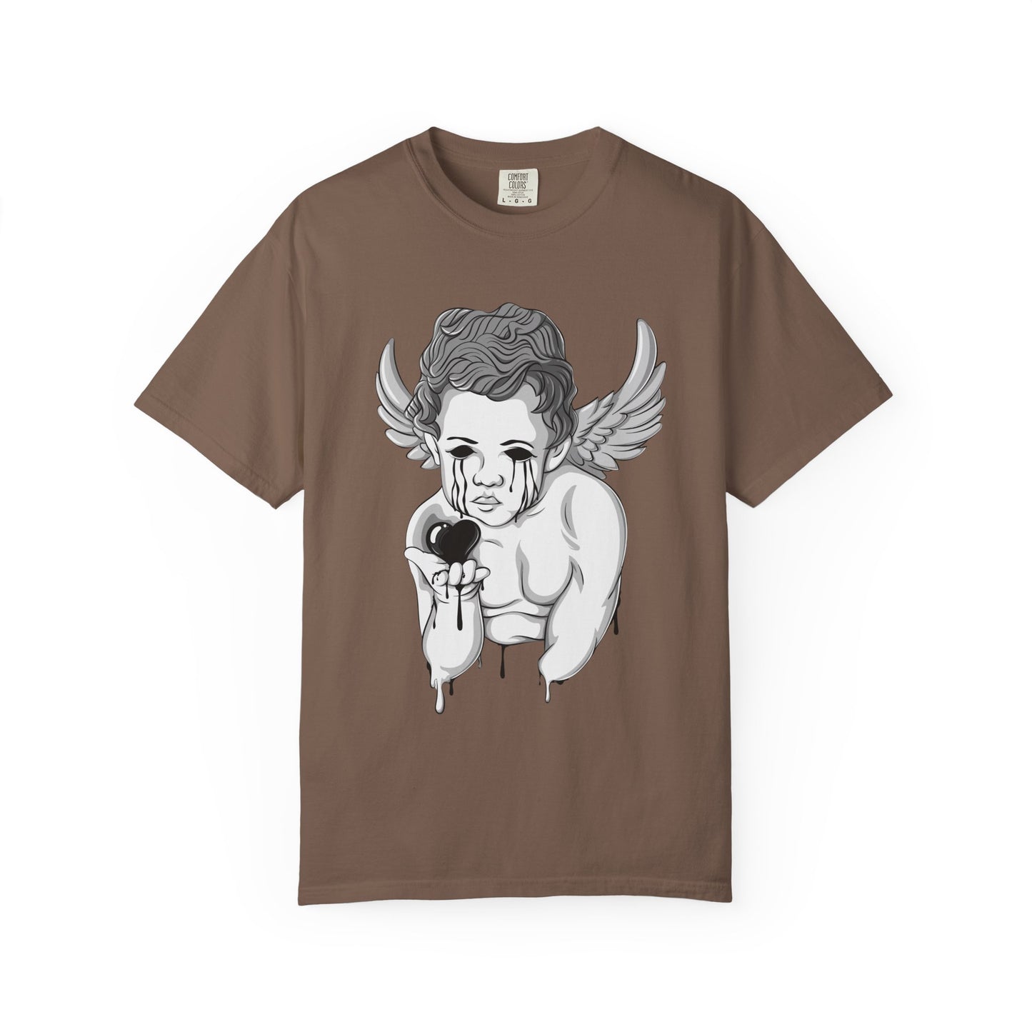 Crying Cherub Holding Black Heart T-shirt | Angel Wings Illustration