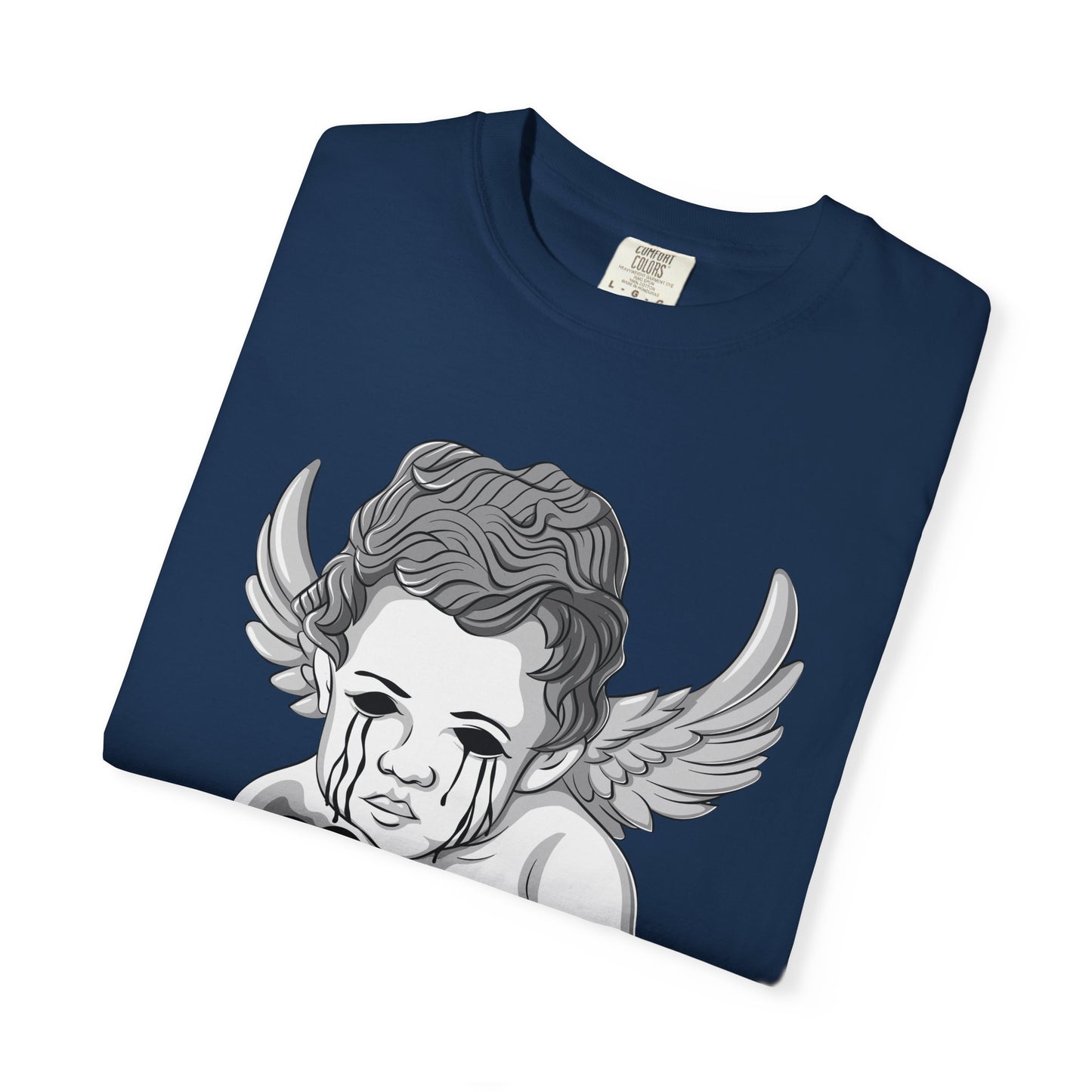 Crying Cherub Holding Black Heart T-shirt | Angel Wings Illustration
