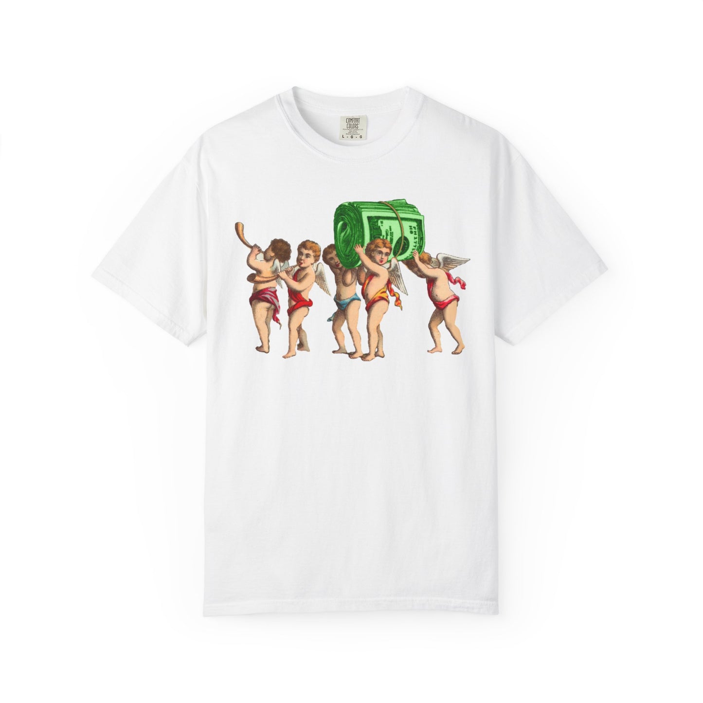 Vintage Cherubs Carrying Money Stack T-Shirt | Retro Angel Illustration