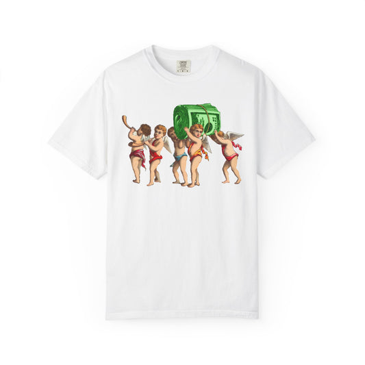 Vintage Cherubs Carrying Money Stack T-Shirt | Retro Angel Illustration