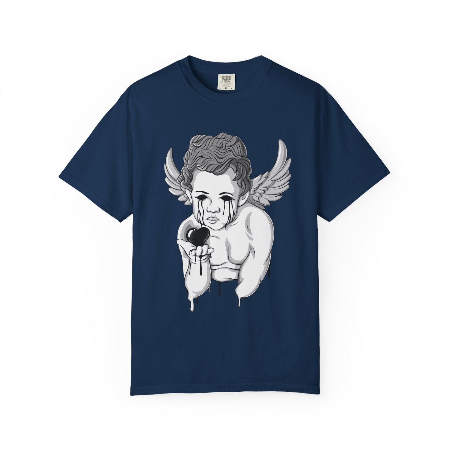 Crying Cherub Holding Black Heart T-shirt | Angel Wings Illustration