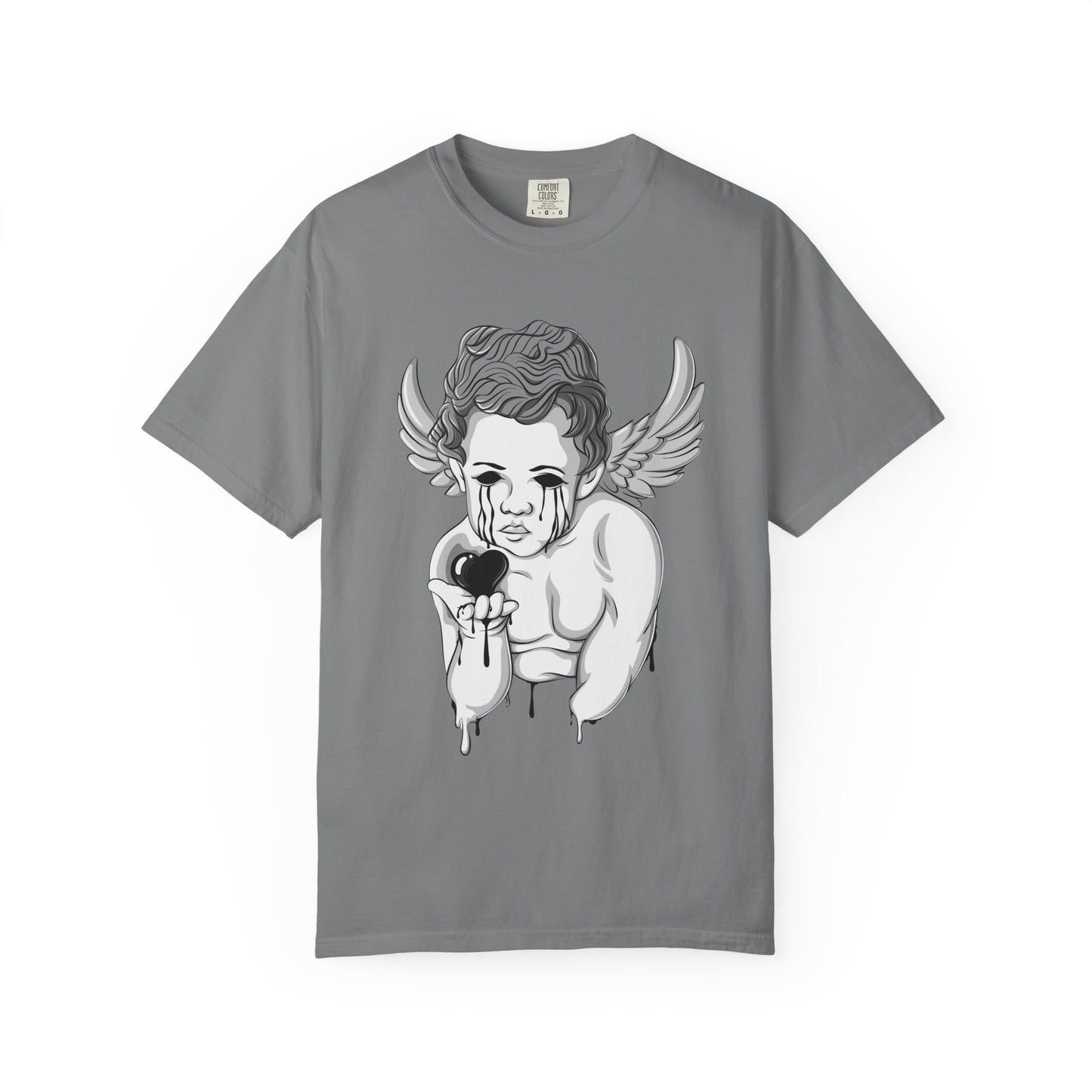 Crying Cherub Holding Black Heart T-shirt | Angel Wings Illustration
