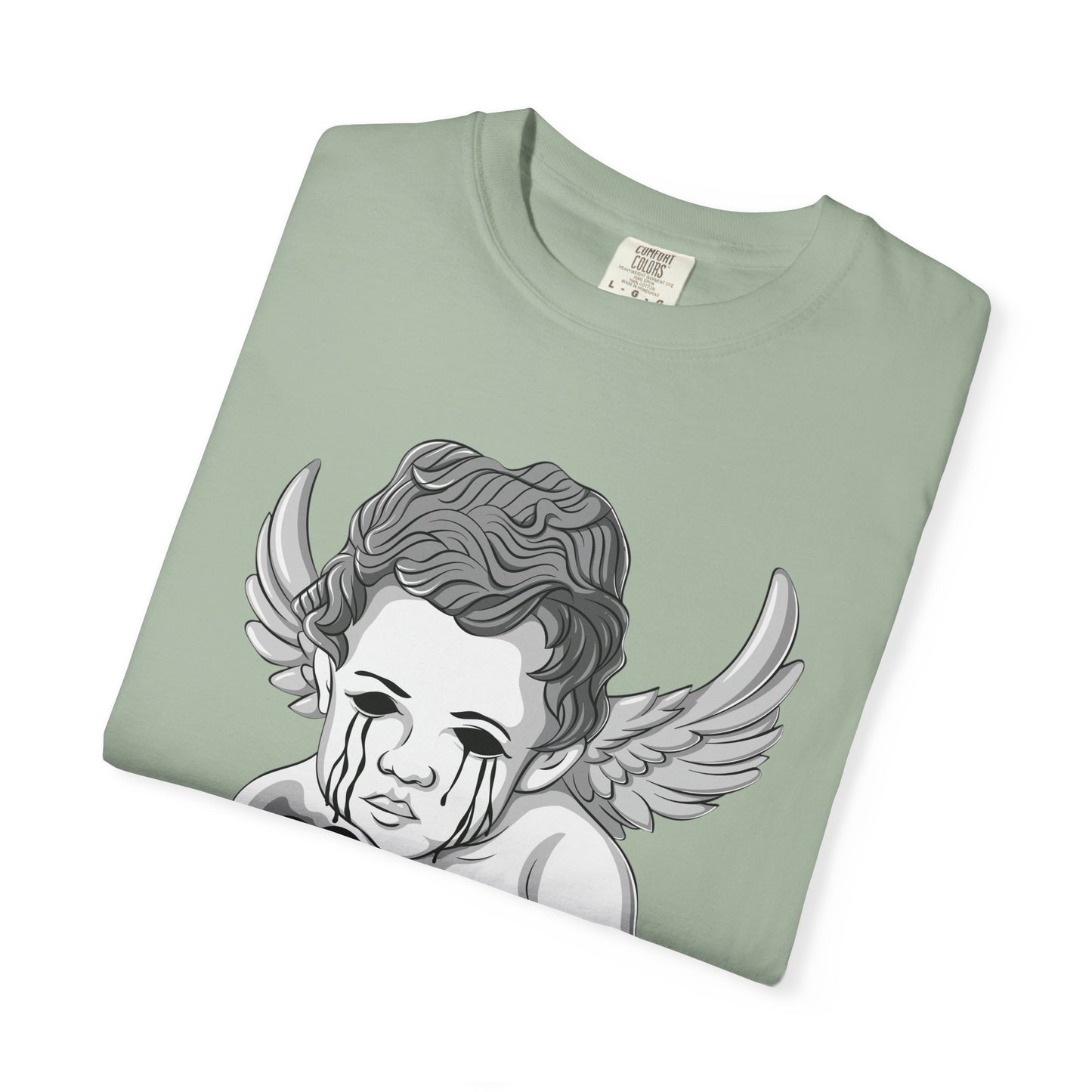 Crying Cherub Holding Black Heart T-shirt | Angel Wings Illustration