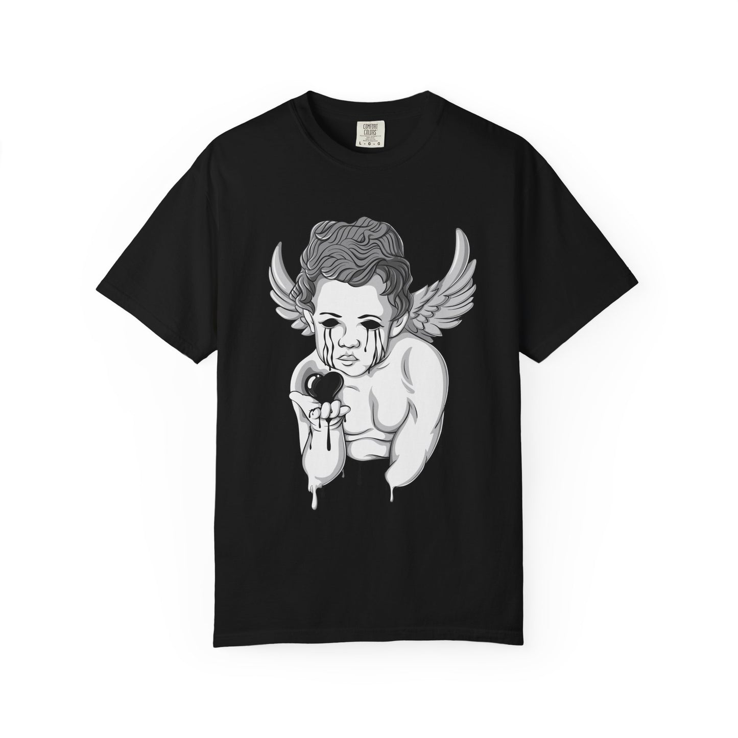 Crying Cherub Holding Black Heart T-shirt | Angel Wings Illustration