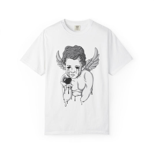 Crying Cherub Holding Black Heart T-shirt | Angel Wings Illustration