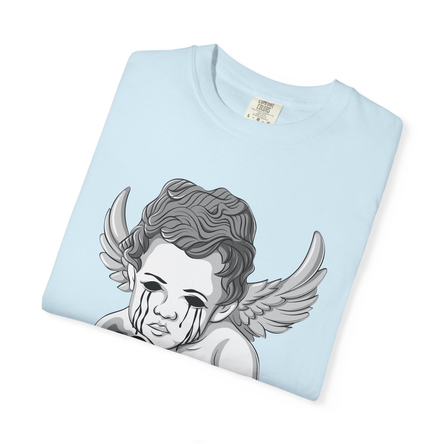 Crying Cherub Holding Black Heart T-shirt | Angel Wings Illustration