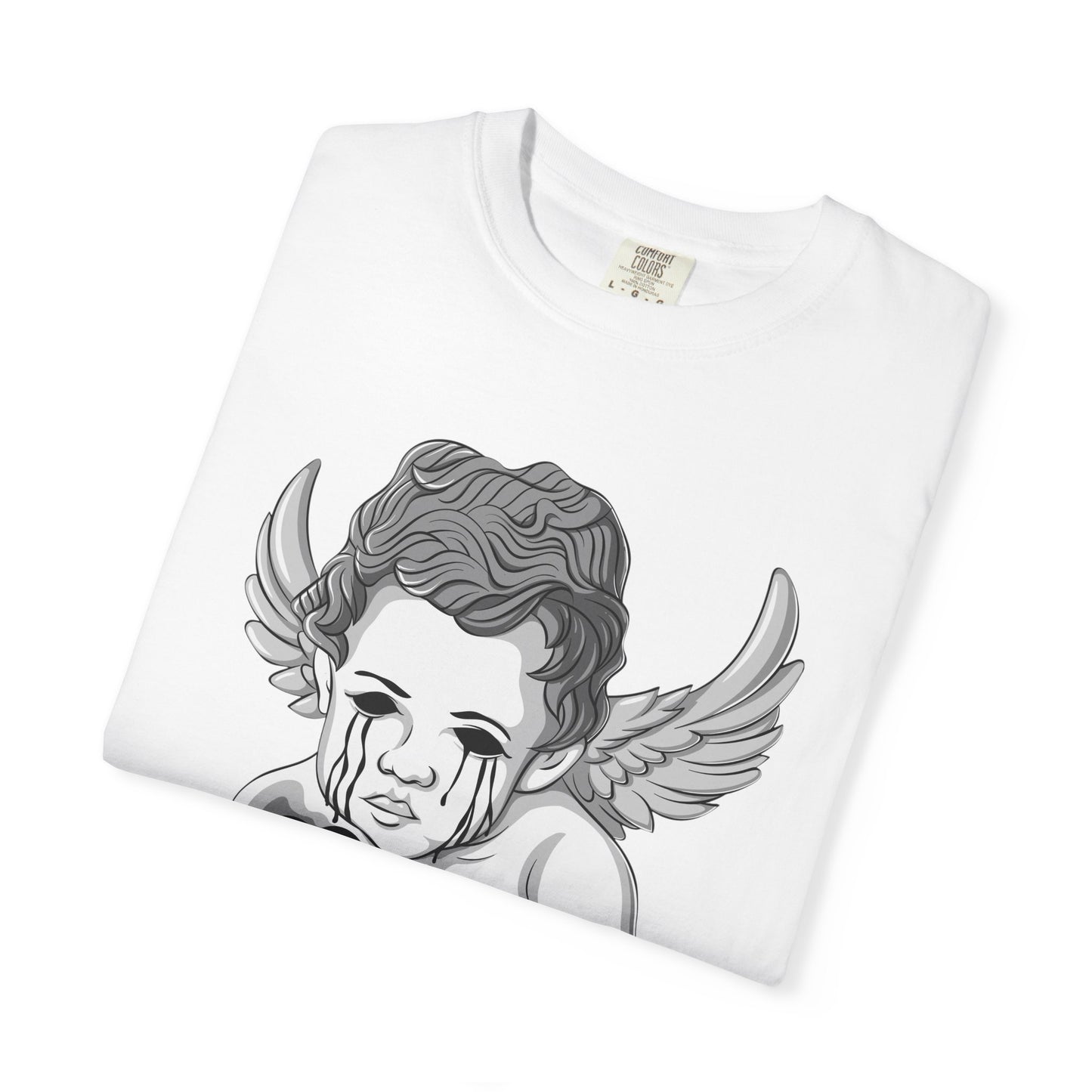 Crying Cherub Holding Black Heart T-shirt | Angel Wings Illustration