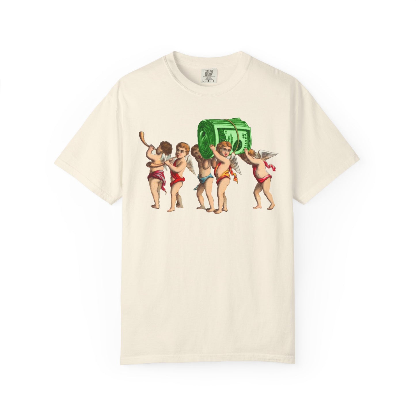 Vintage Cherubs Carrying Money Stack T-Shirt | Retro Angel Illustration