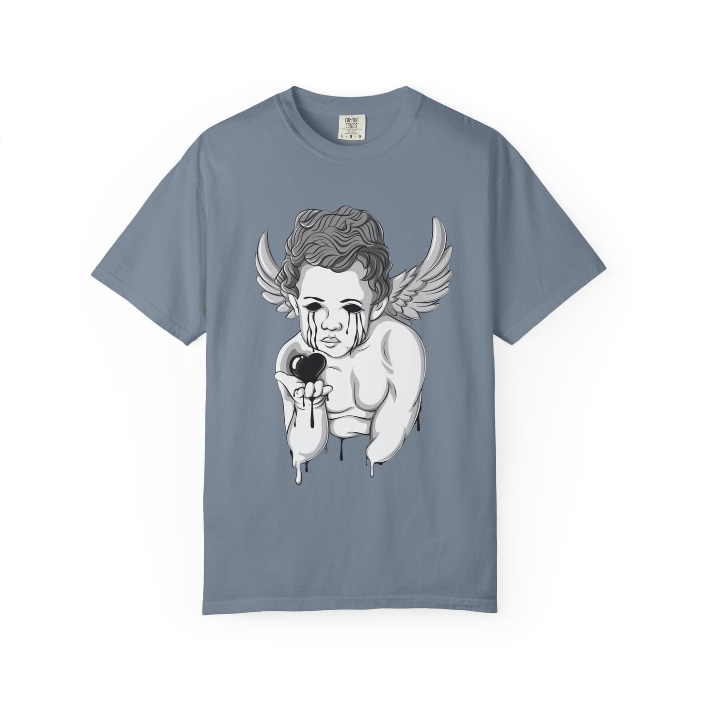 Crying Cherub Holding Black Heart T-shirt | Angel Wings Illustration